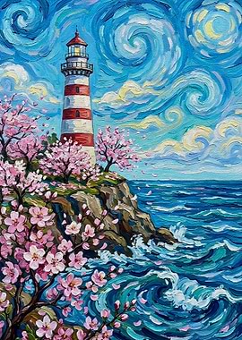 Lighthouse with Cherry Blossoms