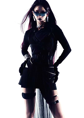 Woman in futuristic black outfit and sunglasses aespa