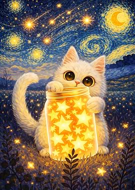 Cute Cat Holding a Jar of Stars