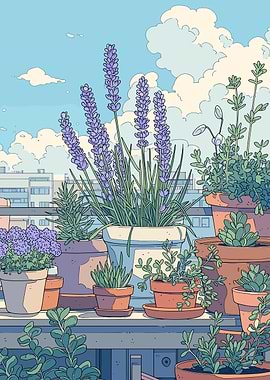 Balcony Garden with Lavender and Cityscape