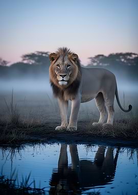 Majestic Lion Reflecting in Water