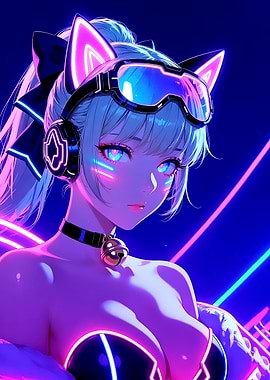 Cat Girl Anime with Neon Goggles