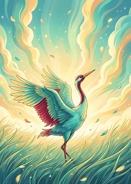 Crane in a mystical sky