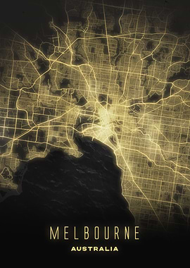 Melbourne, Australia - Luminous City Streets Map, Wall Art Poster