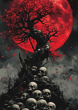 Gothic Tree of Skulls Under Red Moon
