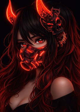 Cyberpunk Demon Girl with Red Mask