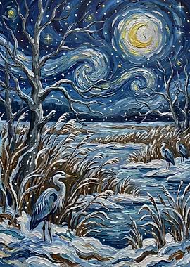 Herons in a Snowy Starry Night Landscape