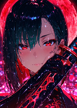 Anime Girl with Katana and Red Moon