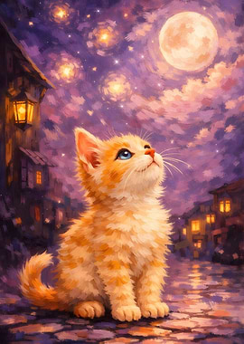 Kitten Gazing at the Moonlit Sky