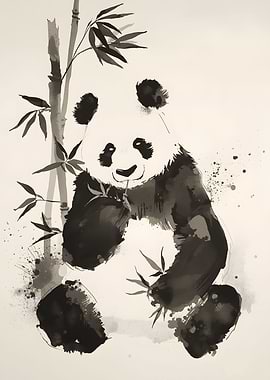 Panda Eating Bamboo in Ink Style