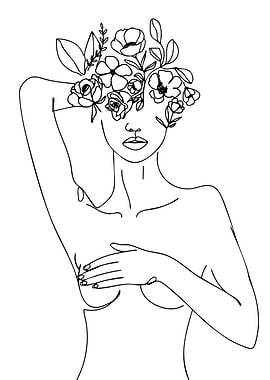 Line Art Woman with Flowers