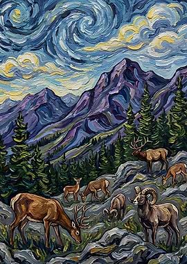 Mountain Landscape with Deer and Ram