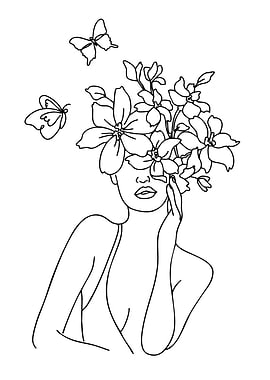 Line Art Woman with Flowers and Butterflies