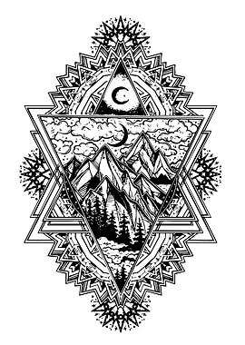 Geometric Mountain Landscape with Moon and Stars