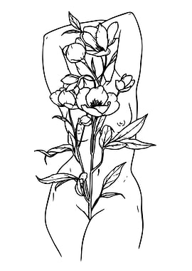 Line Art of Woman with Flowers