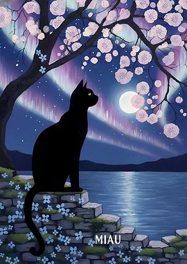 Black Cat Under Cherry Blossoms and Aurora