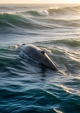 Whale surfacing in ocean waves
