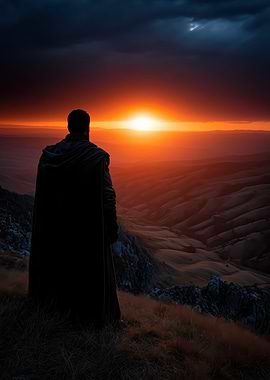 Man in Cape Watching Sunset Over Mountains