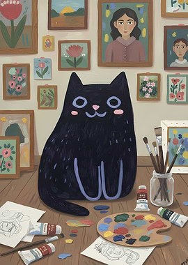 Black Cat Artist with Paintings