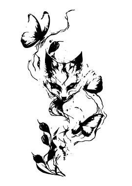 Black and White Fox with Butterflies