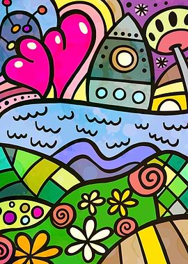 Whimsical Hearts and Rocket Landscape