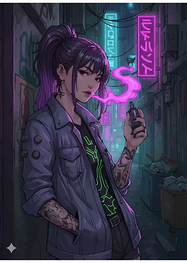 Cyberpunk Girl Vaping in Alley