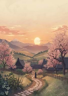 Serene Japanese Village at Sunset