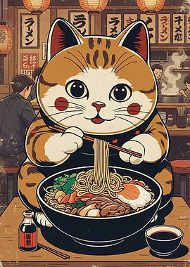 Cute Cat Eating Ramen