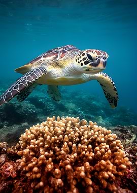 Sea Turtle Swimming Over Coral Reef