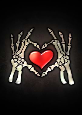 Skeleton Hands Forming a Heart with a Red Heart