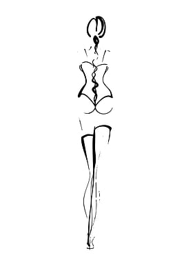 Fashion Sketch of Woman in Corset and Stockings