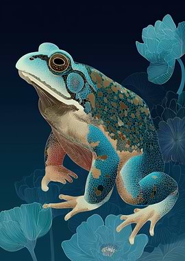 Blue Frog with Lotus Flowers