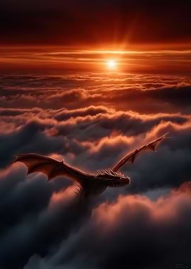Dragon flying through clouds at sunset