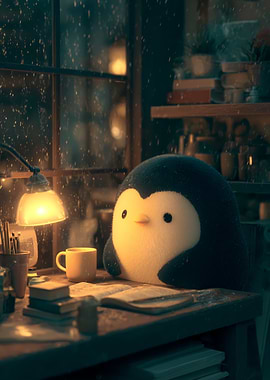 Cute Penguin Studying by Lamp
