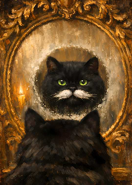 Black Cat Mirror Reflection Bathroom Oil Painting