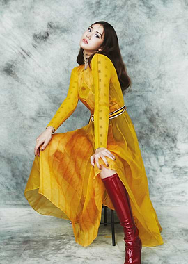 jeon somi in Yellow Dress and Red Boots