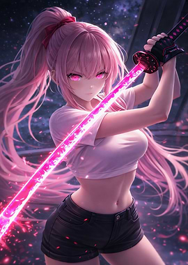 Futuristic warrior with glowing sword