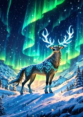 Magical Reindeer Under Aurora Borealis