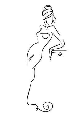 Elegant Woman in a Dress Line Art