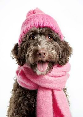 Cozy Portuguese Water Dog Wearing Pink Hat and Scarf