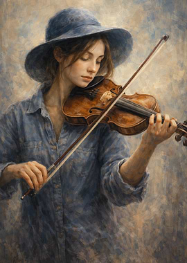 Woman Playing Violin in Blue Hat