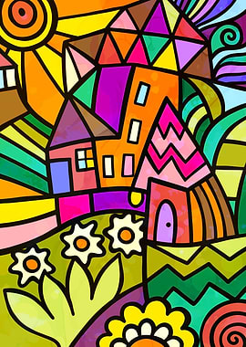 Colorful Abstract Village Scene