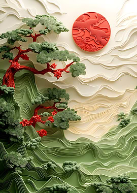 Japanese Landscape with Bonsai Tree and Sun