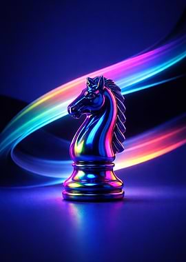 Neon Chess Knight with Abstract Light Streaks