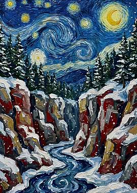 Winter Canyon Starry Night Painting