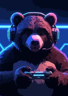 Bear Gamer with Headphones and Controller