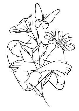 Line Art of Woman Embracing Flowers and Butterflies