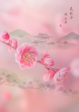 Pink Cherry Blossoms with Japanese Temple