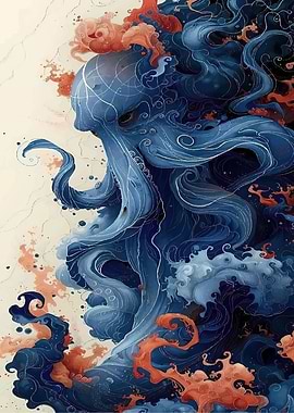 Abstract Blue Octopus with Coral