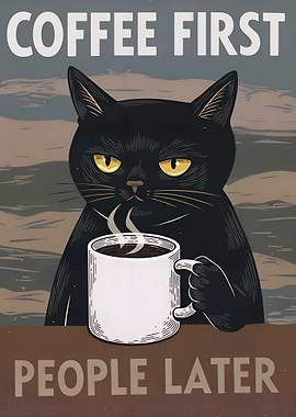 Black Cat Drinking Coffee